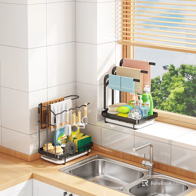 Wall Mounted Kitchen Storage Shelf With Dishes Cleaning Supplies And Utensils 3d model 