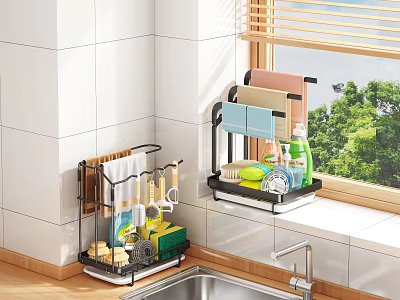 Wall Mounted Kitchen Storage Shelf With Dishes Cleaning Supplies And Utensils 3d model