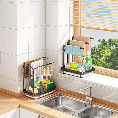 Wall Mounted Kitchen Storage Shelf With Dishes Cleaning Supplies And Utensils 3d model