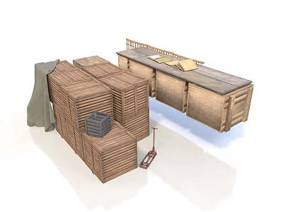 Wooden Storage Crates Stacked With Planks Hand Cart And Canvas Cover 3d model