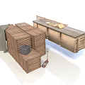 Wooden Storage Crates Stacked With Planks Hand Cart And Canvas Cover