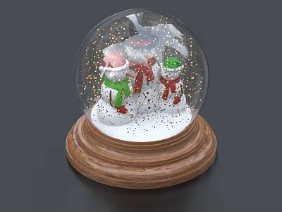 Festive Decorative Ornament Set With Snow Globe Snowmen Red Green Hats Scarves And Wooden Base 3d model