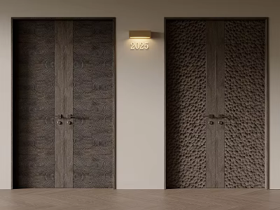 Dark Wooden Double Doors With Wavy And Perforated Textured Patterns And Wall Lamp 3d model