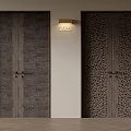 Dark Wooden Double Doors With Wavy And Perforated Textured Patterns And Wall Lamp