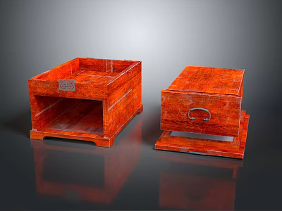 Decorative Ornament Set Red Wooden Carved Open Design And Drawer With Metal Handle 3d model