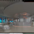 Modern Luxury Sales Office Interior With Streamlined Metal Ceiling And Large Panoramic City View