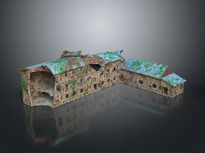 Ancient Stone Brick Building With Damaged Roof Covered In Green Vegetation And Windows 3d model