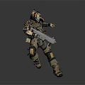 Armored Character With Bear Head In Combat Gear Holding Futuristic Weapon Running Action Pose
