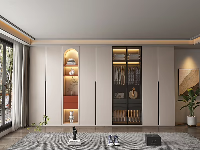 Modern Wardrobe Interior Design With Glass Doors Built in Lighting And Storage Shelves 3d model