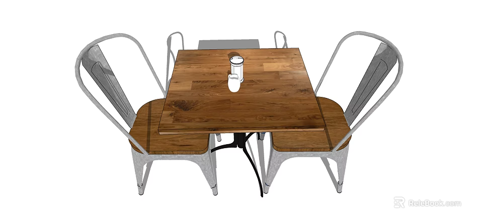 Modern Dining Table Set with Wooden Tabletop and Metal Frame Chairs 3d model 