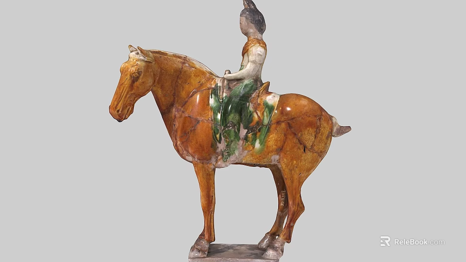 Tri color Glazed Tang Dynasty Horse Rider Figurine with Brown Body Green Accents and White Details 3d model 