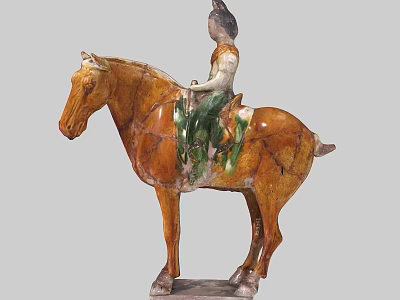 Tri color Glazed Tang Dynasty Horse Rider Figurine with Brown Body Green Accents and White Details 3d model