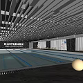 Indoor Swimming Pool With Modern Striped Ceiling And Lounge Chairs For Fitness