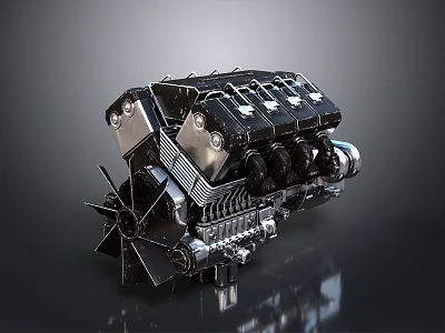 Detailed High Quality Automotive Engine With Cylinders Fan And Mechanical Components 3d model