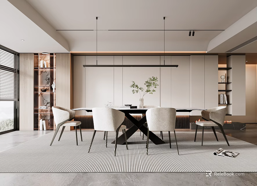 Elegant Modern Restaurant Interior Design With Dining Table Chairs Pendant Lights Green Plant And Bookshelves 3d model 