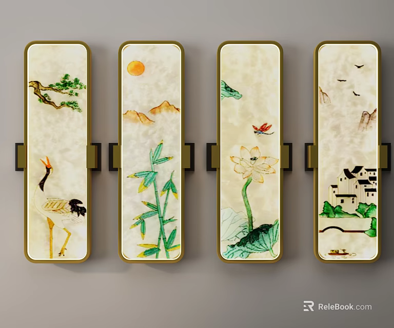 Traditional Chinese Wall Lamps With Jade-like Panels Crane Pine Lotus Dragonfly Motifs And Golden Frame 3d model 