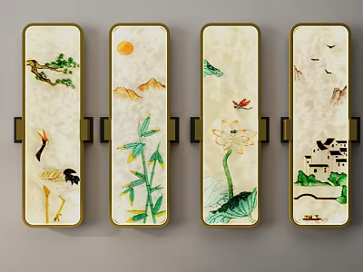 Traditional Chinese Wall Lamps With Jade-like Panels Crane Pine Lotus Dragonfly Motifs And Golden Frame 3d model