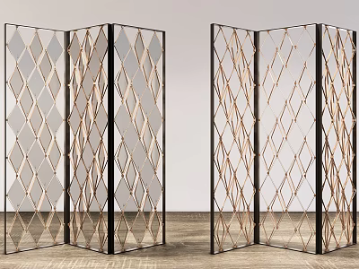 Modern Folding Room Divider With Black Metal Frame And Diamond Woven Pattern For Home Decor 3d model