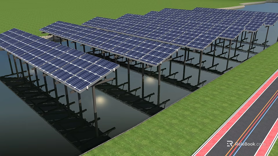 Solar Panel Mounting Structures Over Water With Adjacent Grassland And Road 3d model 
