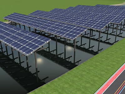 Solar Panel Mounting Structures Over Water With Adjacent Grassland And Road 3d model