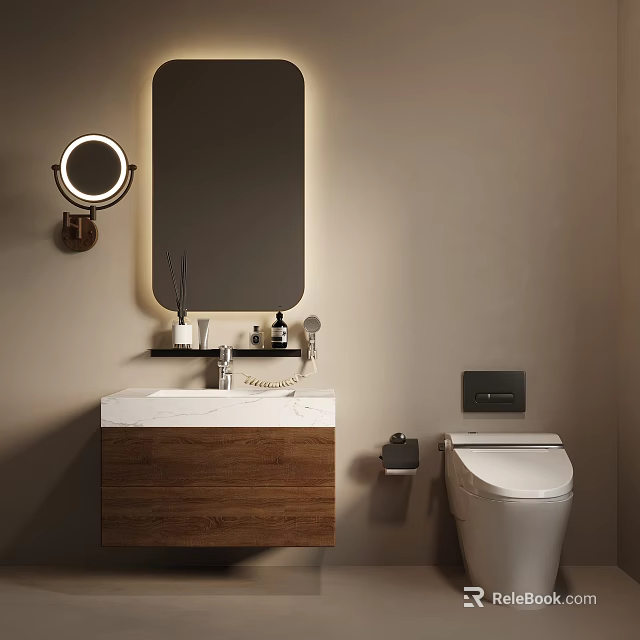Modern Bathroom Interior With White Toilet Wooden Vanity And Round Backlit Mirror 3d model 