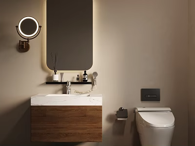 Modern Bathroom Interior With White Toilet Wooden Vanity And Round Backlit Mirror 3d model