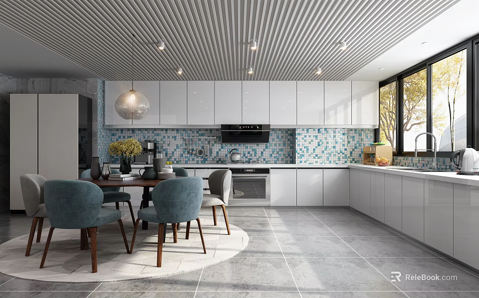 Modern Kitchen Interior Design With White Cabinets Blue Tiled Backsplash And Dining Chairs 3d model