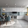 Modern Kitchen Interior Design With White Cabinets Blue Tiled Backsplash And Dining Chairs 3d model