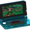 Blue Handheld Game Console With Game Characters Battle Scene On Screen