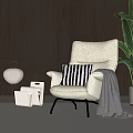 Stylish Leisure Chair With Striped Pillow Gray Throw Blanket Wooden Wall Green Plant Table Lamp