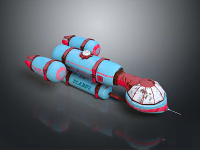 Vintage Sci Fi Model With Blue Red Cylindrical Parts E.C. 2077 Label And Cockpit Structure 3d model