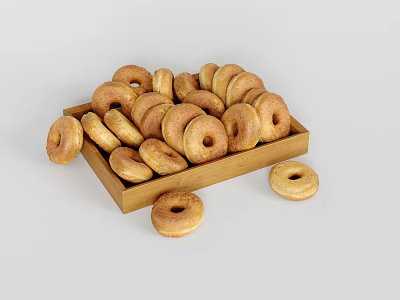Fresh Golden Brown Donuts Filled Inside Wooden Tray With Two Extra Outside 3d model
