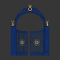 Blue Ornate Entrance Gate with Gold Accents Sun Motifs and Statues on Pillars