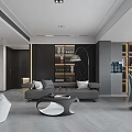Modern Living and Dining Room with Gray Sofa Piano Floor to Ceiling Windows and Pendant Lights