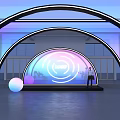 Event Entrance Featuring Arched Structure Purple And Blue Gradient Lighting Green Plants And Decorative Balls