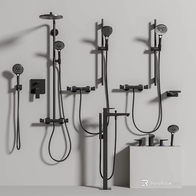 Black Wall Mounted Shower Systems With Multiple Heads And Handheld Faucets 3d model 