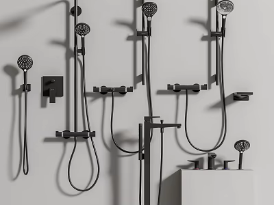 Black Wall Mounted Shower Systems With Multiple Heads And Handheld Faucets 3d model