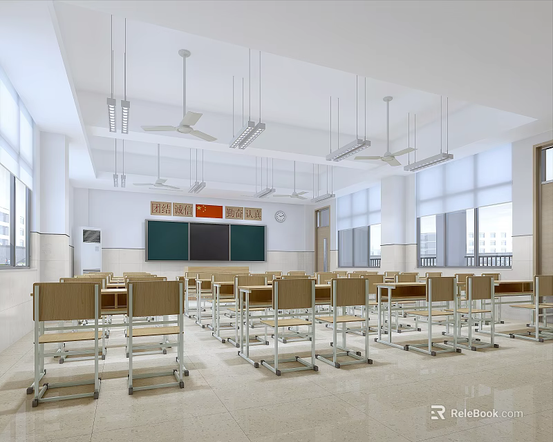 School Classroom Interior With Desks Chairs Blackboard Ceiling Fans And Windows 3d model 
