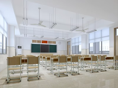 School Classroom Interior With Desks Chairs Blackboard Ceiling Fans And Windows 3d model