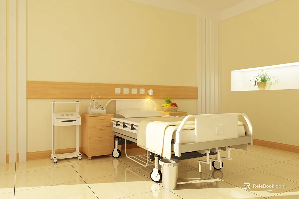 Clean Modern Hospital Room With Medical Bed Cabinet Equipment White Wall And Window Plant 3d model 