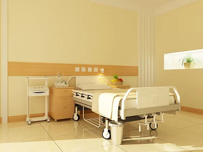 Clean Modern Hospital Room With Medical Bed Cabinet Equipment White Wall And Window Plant 3d model