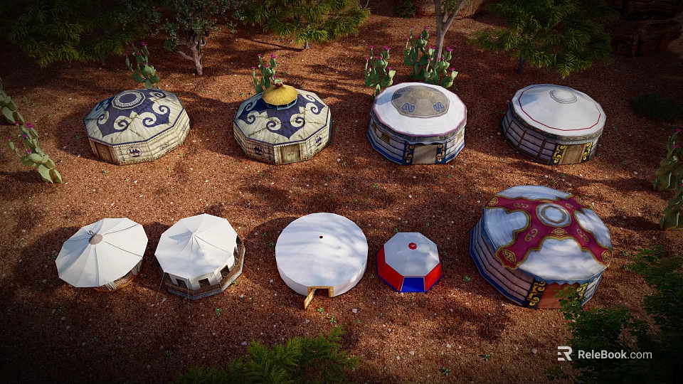 Various Styled Traditional Yurts Displayed Outdoors With Trees And Cactus 3d model 