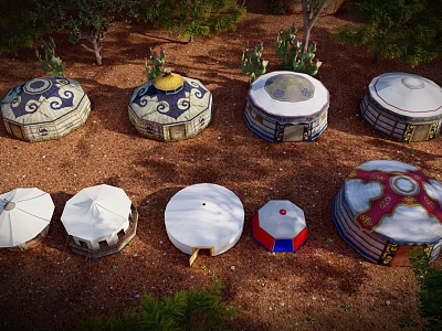 Various Styled Traditional Yurts Displayed Outdoors With Trees And Cactus 3d model