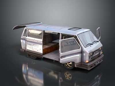 Silver Modified Van With Open Doors Interior Space And Gold Wheels 3d model