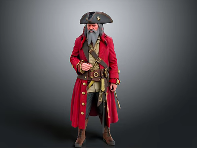 Pirate Man In Red Coat With Tricorn Hat Gray Beard And Belt Knife 3d model