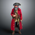 Pirate Man In Red Coat With Tricorn Hat Gray Beard And Belt Knife