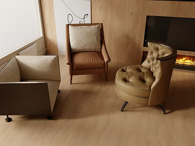Elegant Tufted Single Sofa With Brown Leather Armchair Wooden Flooring Fireplace Artwork 3d model
