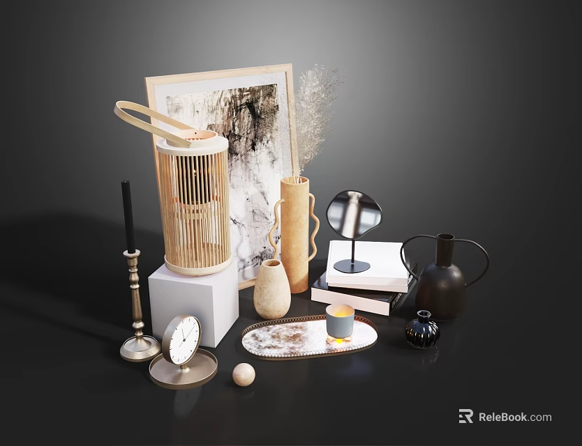 Elegant Decorative Ornament Set With Bamboo Lantern Picture Frame And Ceramic Vases 3d model 