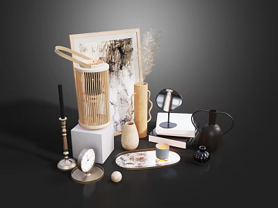 Elegant Decorative Ornament Set With Bamboo Lantern Picture Frame And Ceramic Vases 3d model