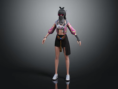 Kids Stylish Outfit With Pink Black Top Black Shorts White Shoes Headband And Arm Bands 3d model